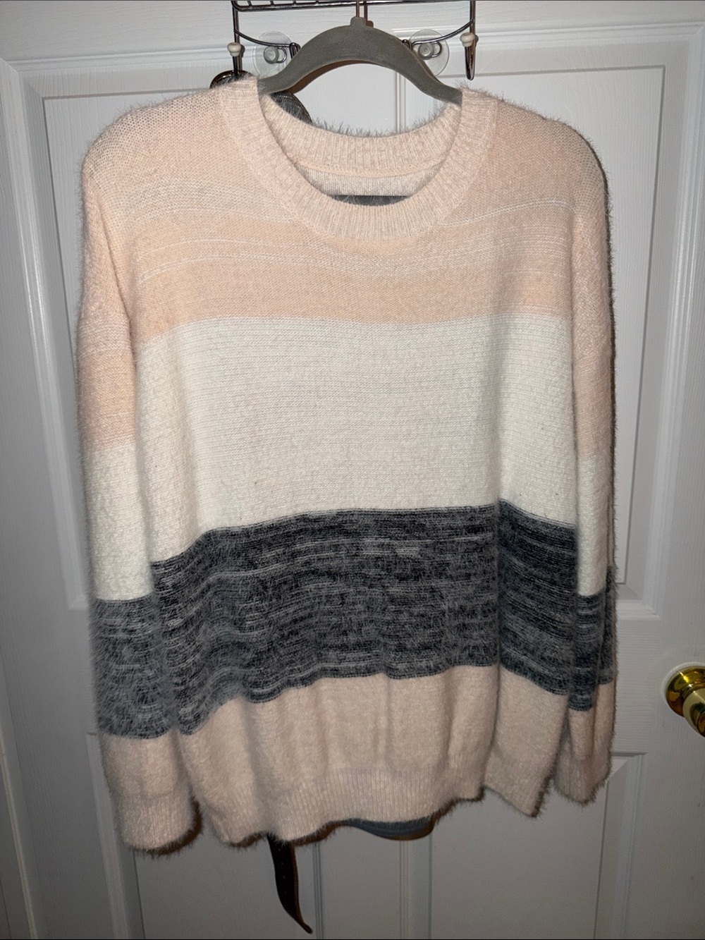Cozy Colorblock Crewneck Sweater in Blush, Ivory & Gray
